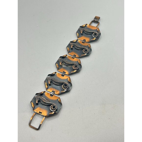 Vintage Copper Seahorse Bracelet with Hexagonal Links & Fold Over Clasp - Picture 2 of 7